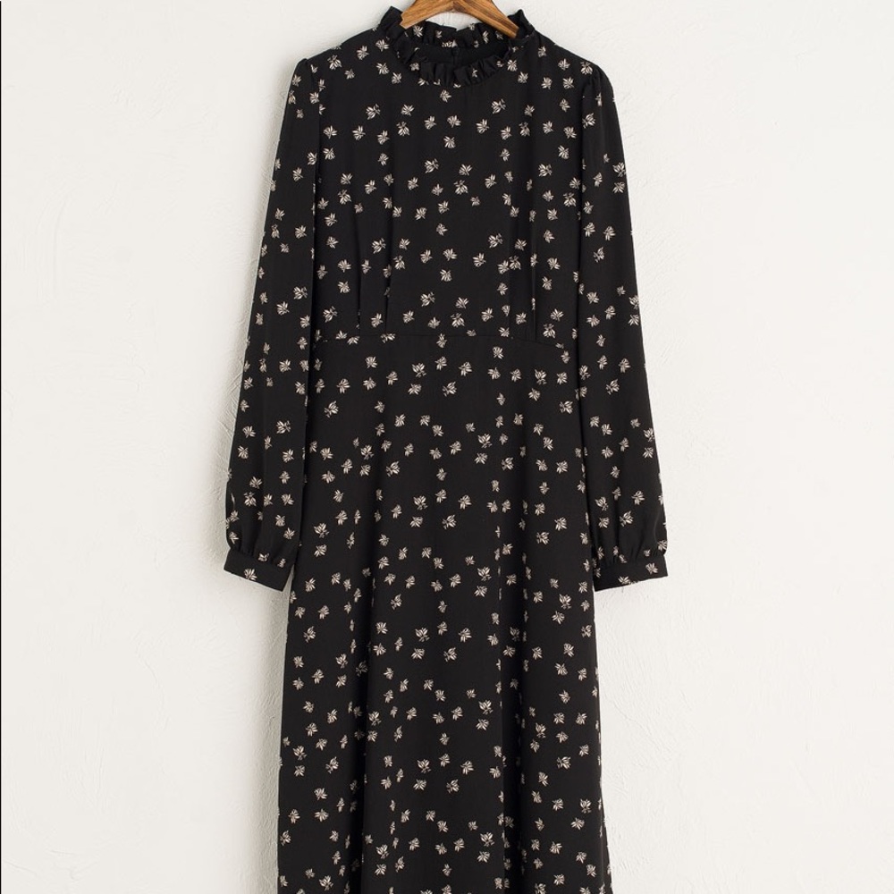 Frill Neck Long Dress, Black